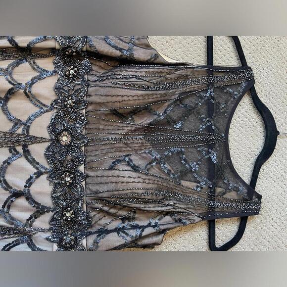 SUE WONG Black & nude beaded, sequin ostrich feather dress - Picture 6 of 9